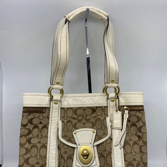 COACH XL Tan White Jacquard Fabric Shoulder Bag - Picture 2 of 12
